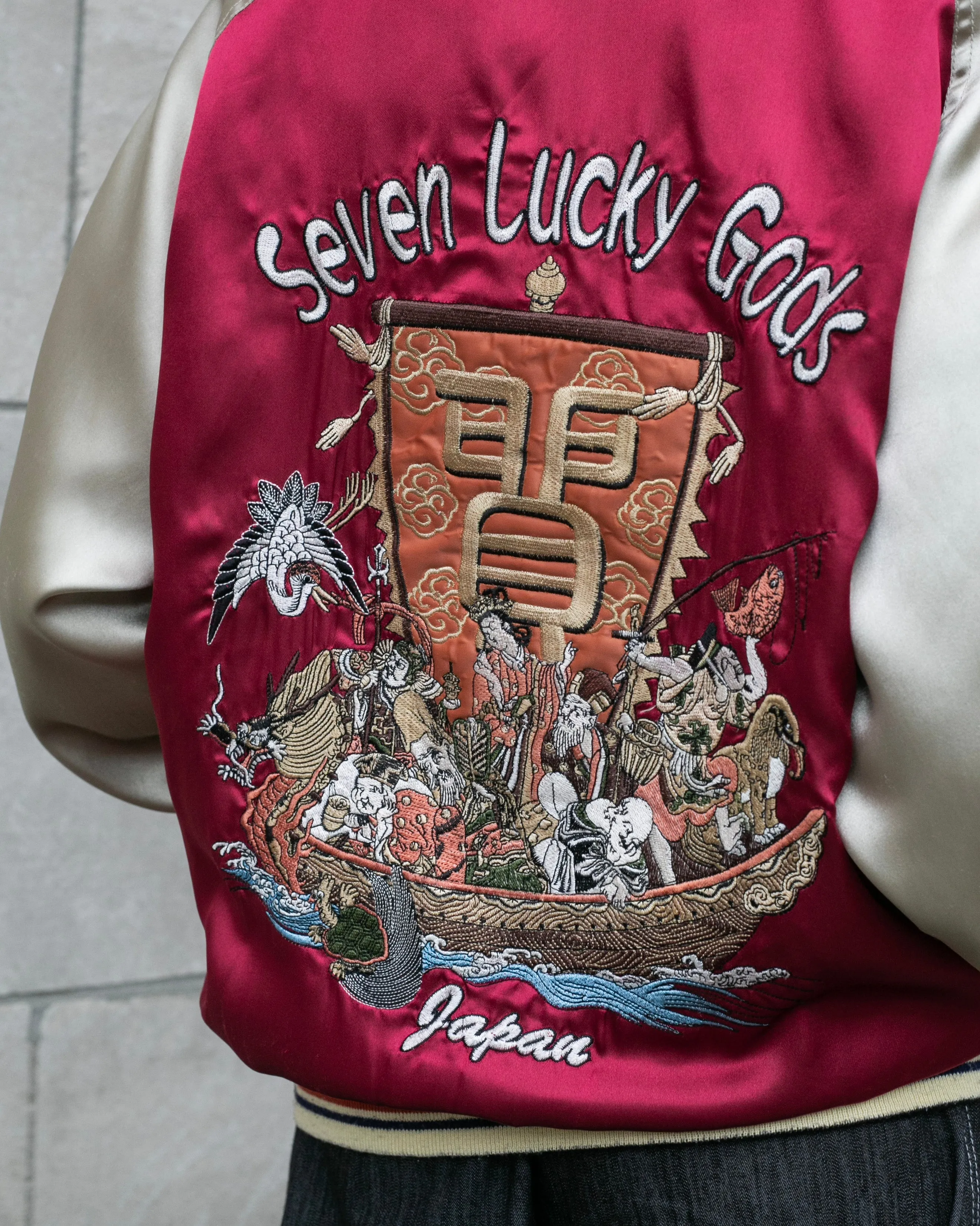 Japanese Repro Souvenir Jacket, Red with Seven Lucky Gods - S