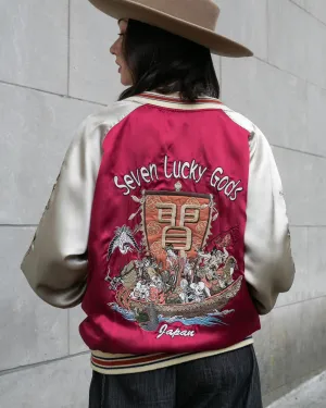 Japanese Repro Souvenir Jacket, Red with Seven Lucky Gods - S