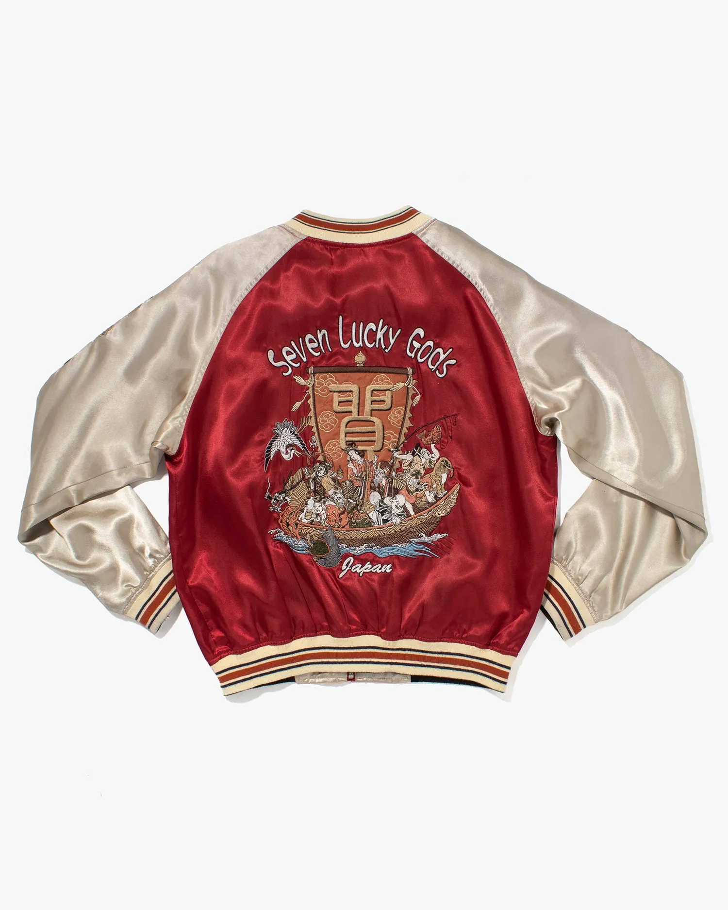Japanese Repro Souvenir Jacket, Red with Seven Lucky Gods - S