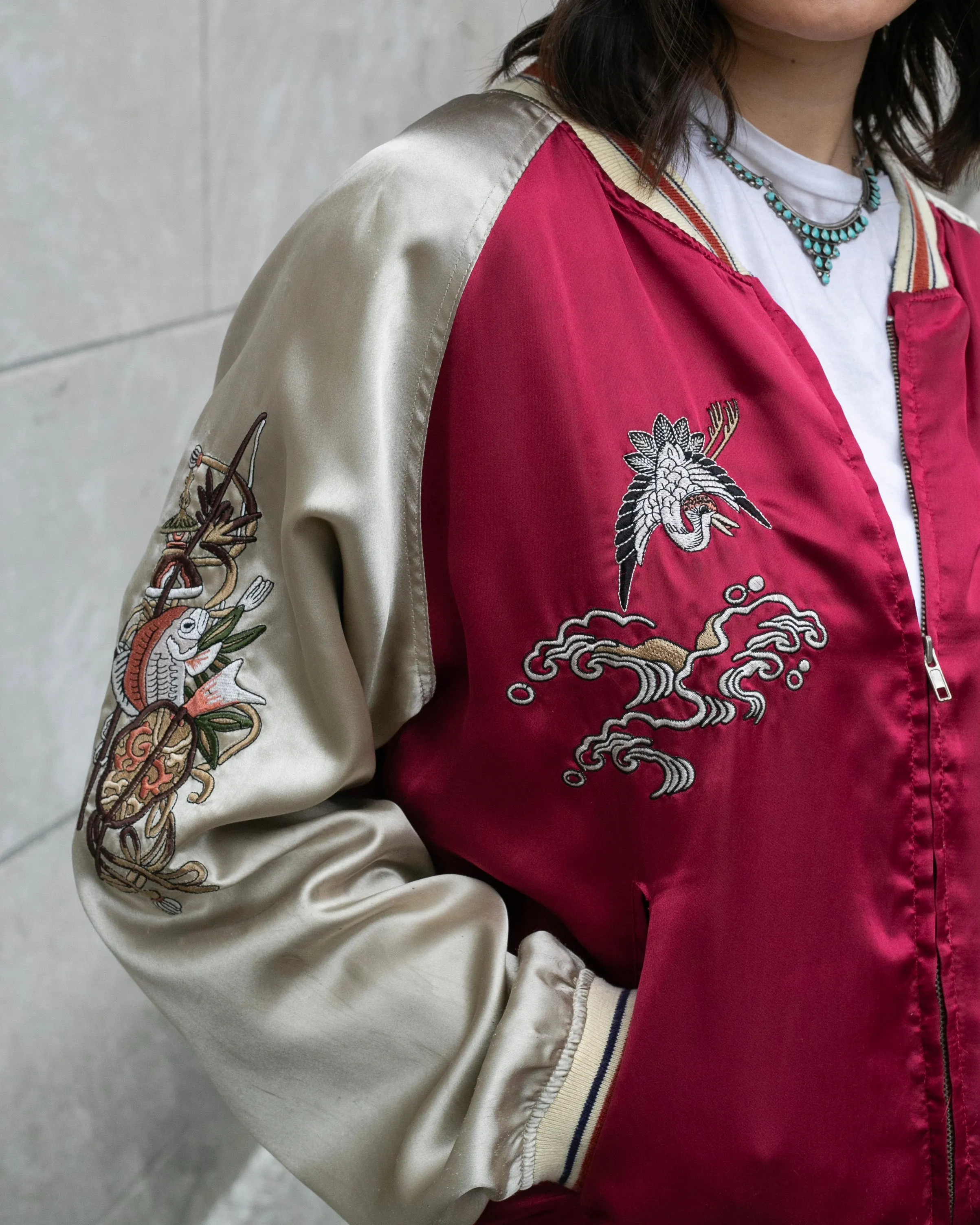 Japanese Repro Souvenir Jacket, Red with Seven Lucky Gods - S