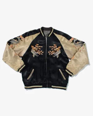 Japanese Repro Souvenir Jacket, Reversible, Black with Koi and Cherry Blossom Tree - L
