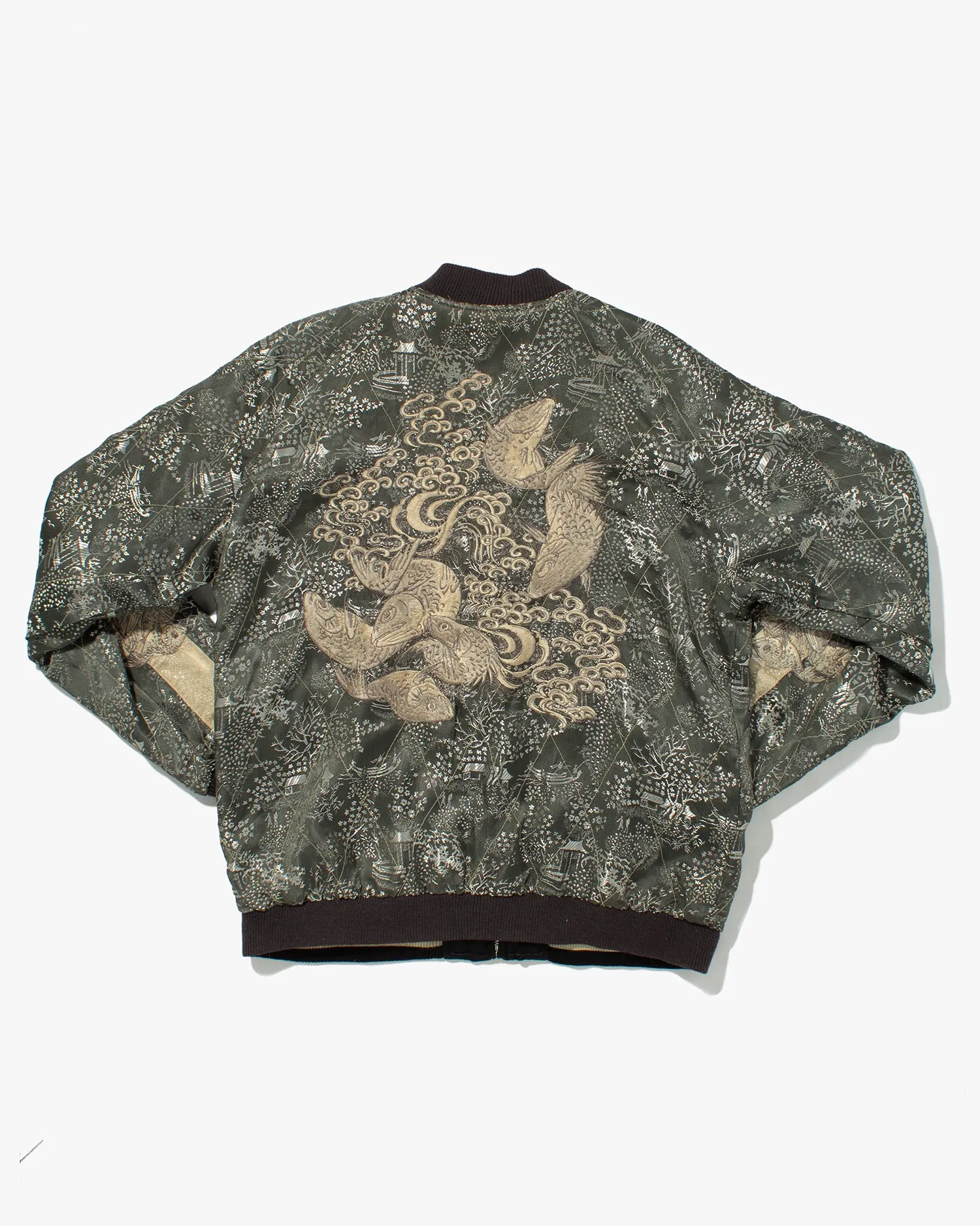 Japanese Repro Souvenir Jacket, Reversible, Black with Koi and Cherry Blossom Tree - L