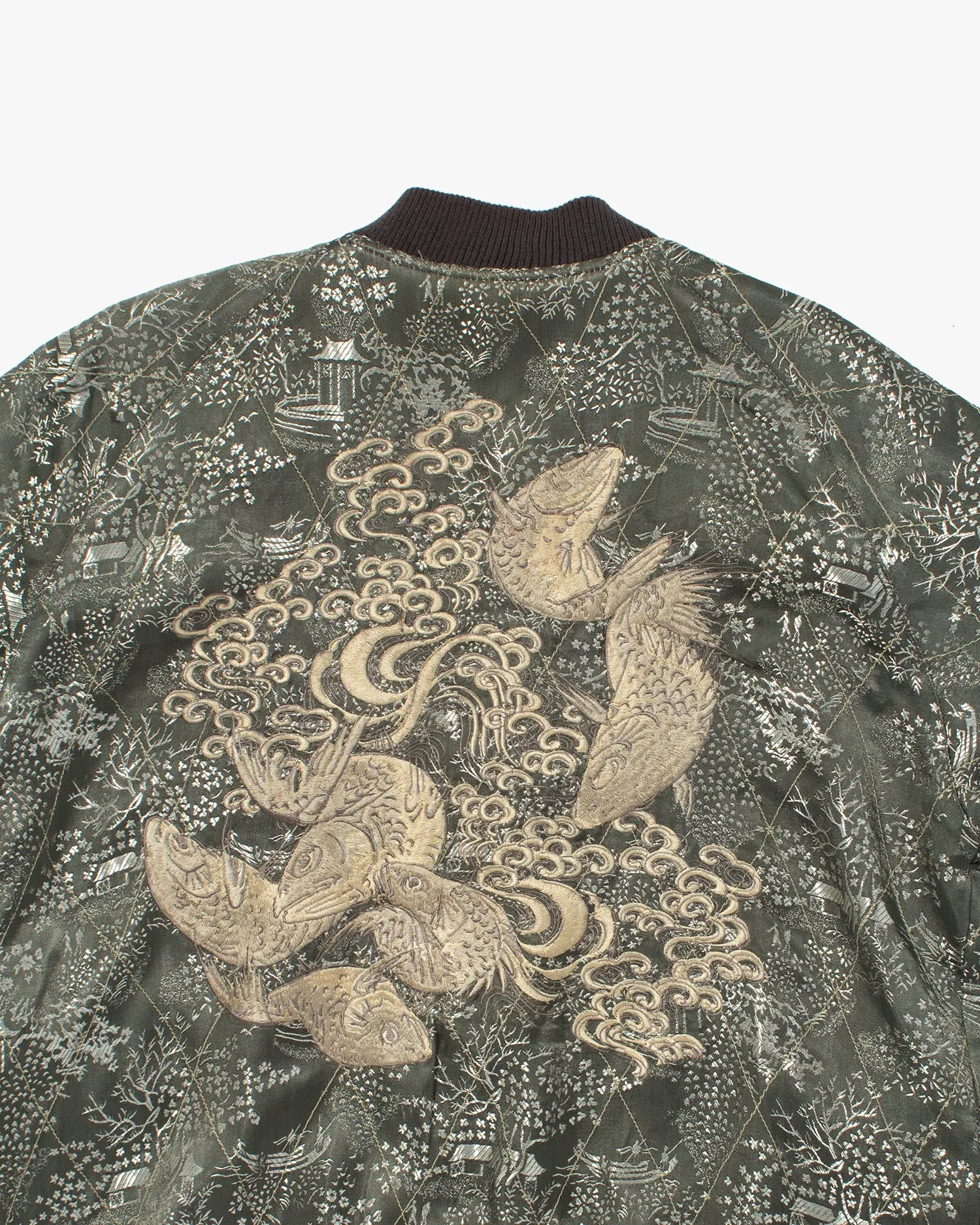 Japanese Repro Souvenir Jacket, Reversible, Black with Koi and Cherry Blossom Tree - L