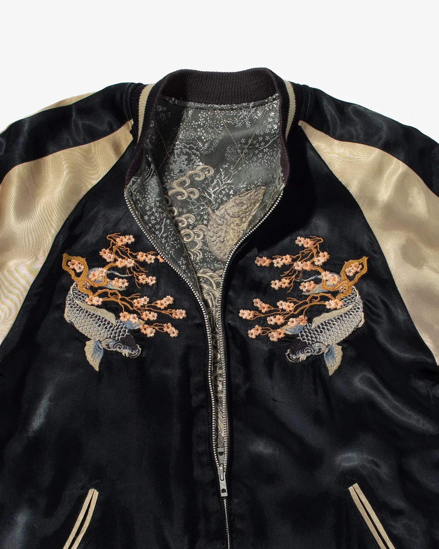 Japanese Repro Souvenir Jacket, Reversible, Black with Koi and Cherry Blossom Tree - L