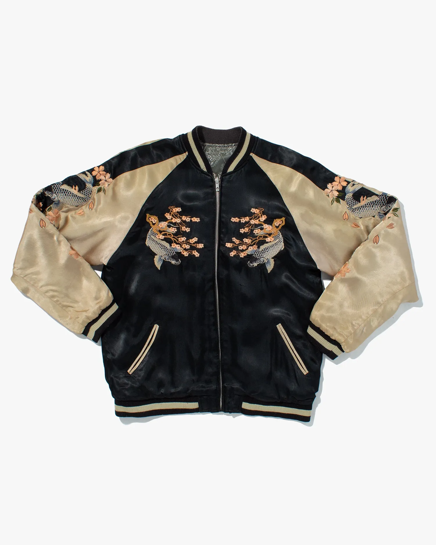 Japanese Repro Souvenir Jacket, Reversible, Black with Koi and Cherry Blossom Tree - L