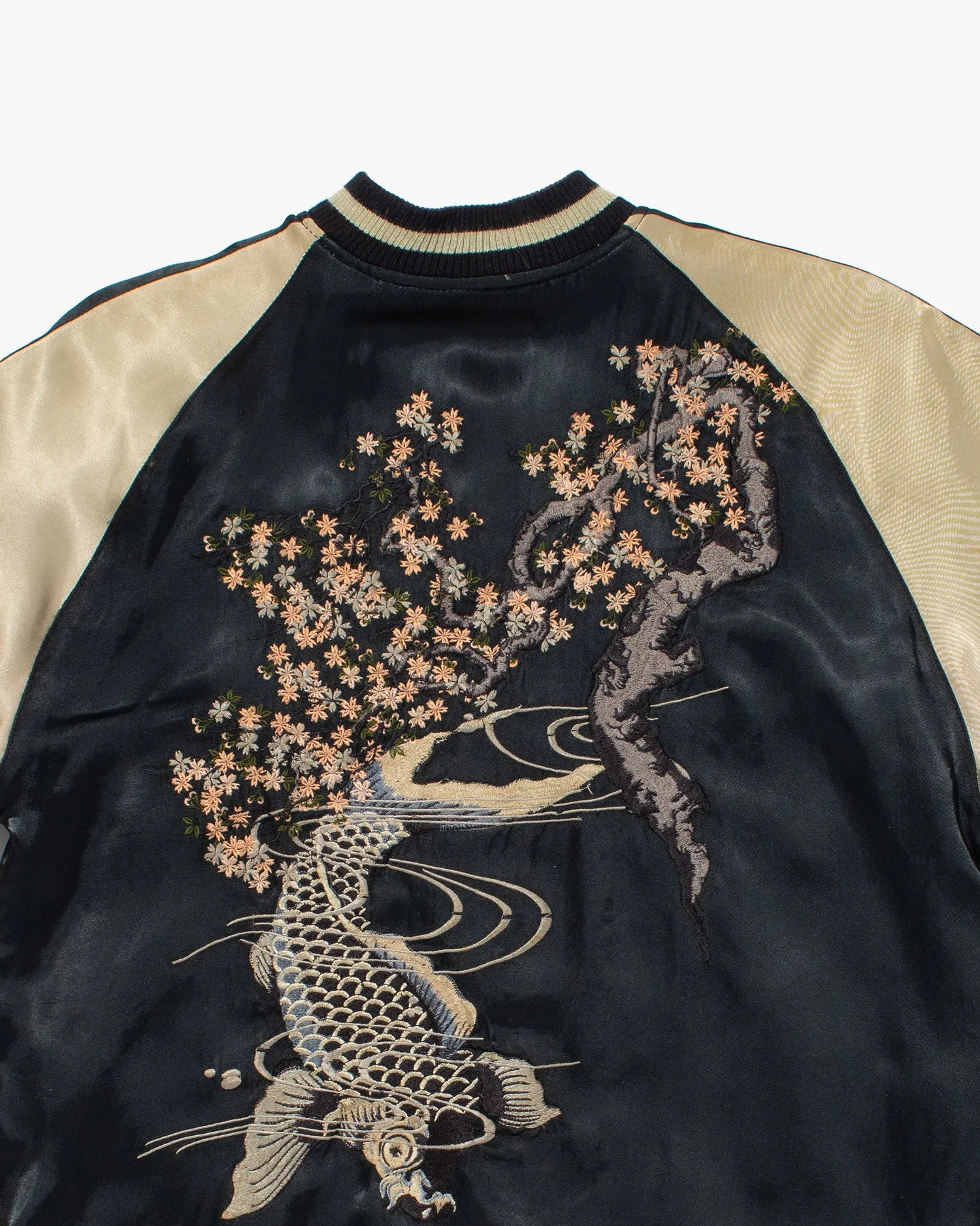 Japanese Repro Souvenir Jacket, Reversible, Black with Koi and Cherry Blossom Tree - L