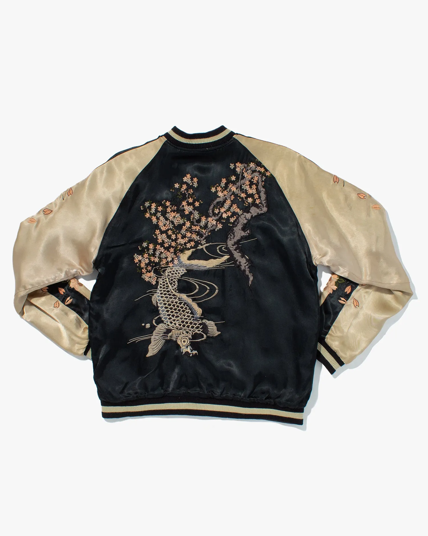 Japanese Repro Souvenir Jacket, Reversible, Black with Koi and Cherry Blossom Tree - L