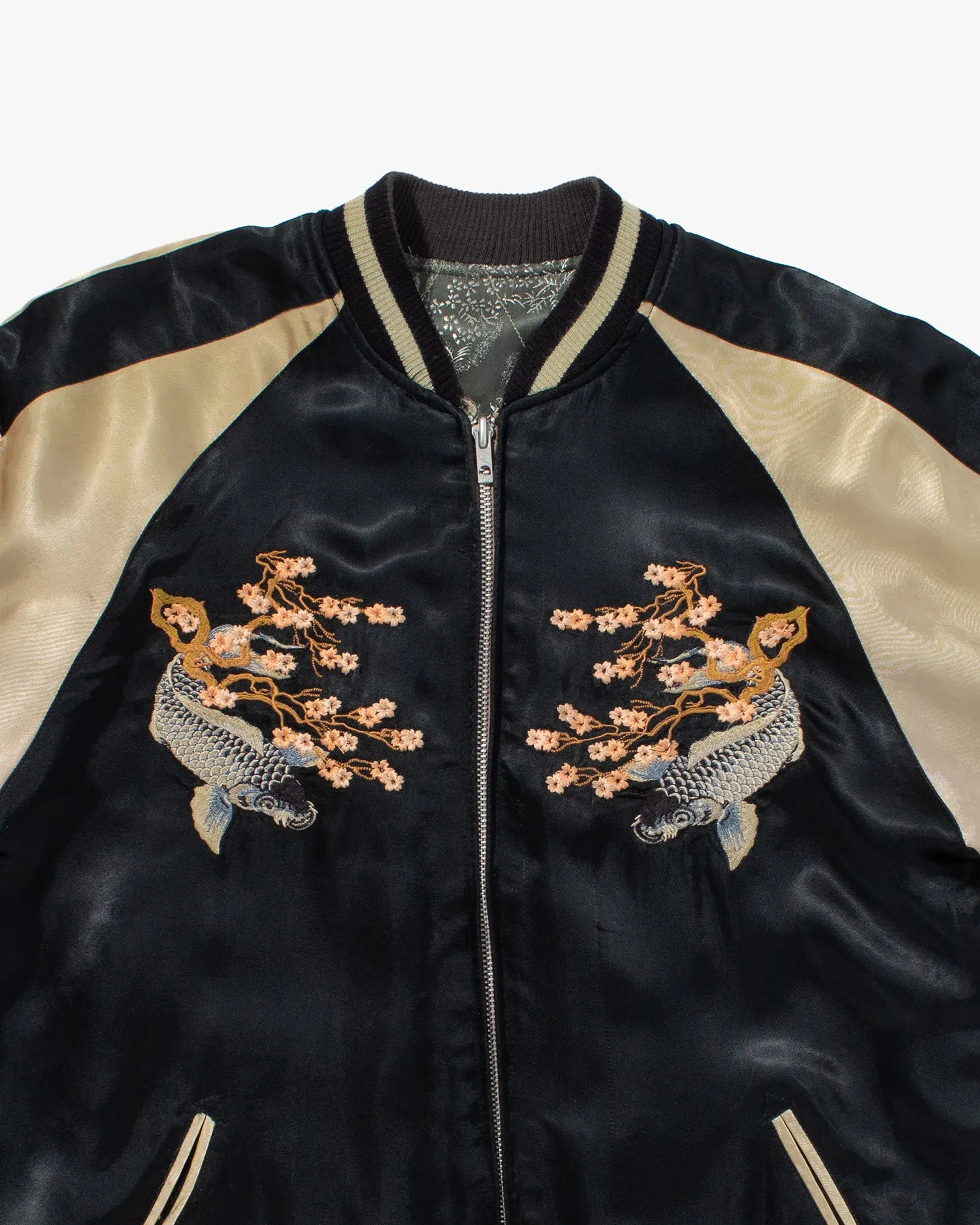 Japanese Repro Souvenir Jacket, Reversible, Black with Koi and Cherry Blossom Tree - L