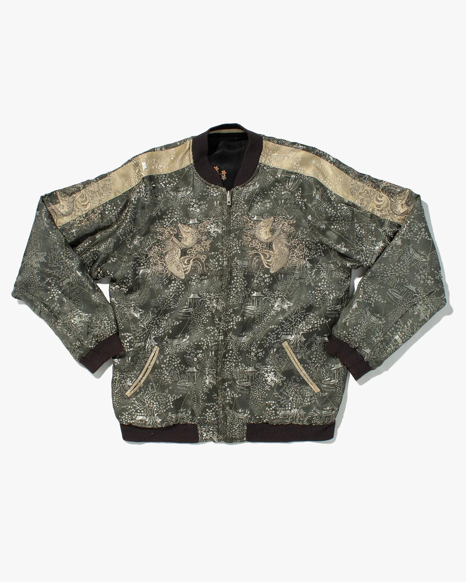 Japanese Repro Souvenir Jacket, Reversible, Black with Koi and Cherry Blossom Tree - L