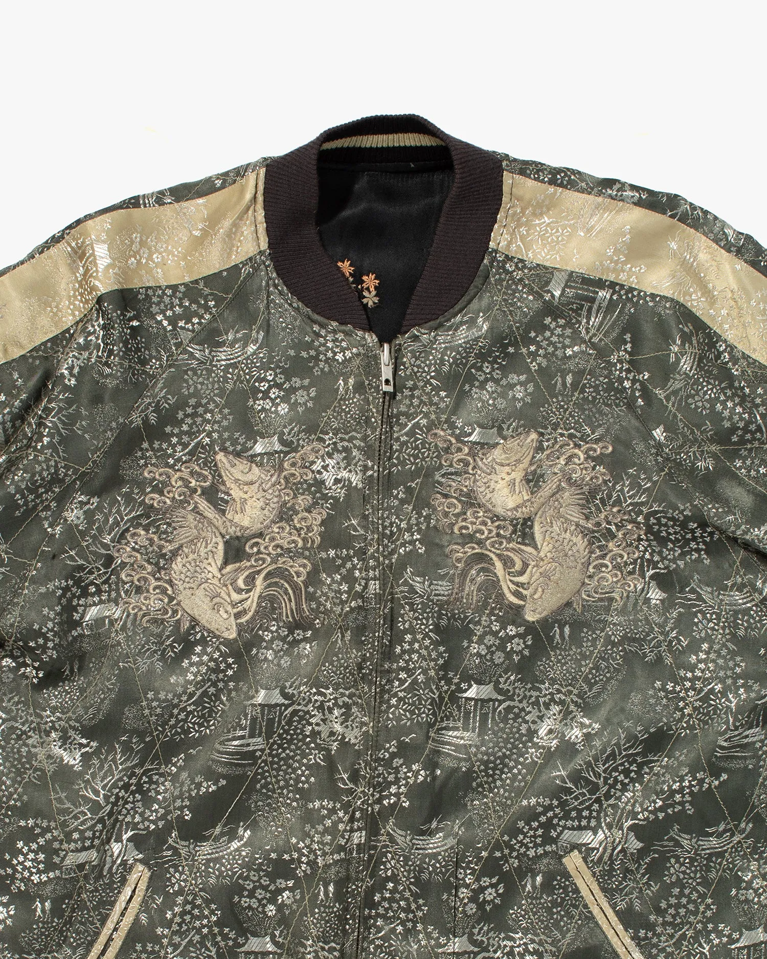 Japanese Repro Souvenir Jacket, Reversible, Black with Koi and Cherry Blossom Tree - L
