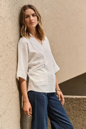 Joseph Ribkoff Seersucker Boxy High Low Top - White
