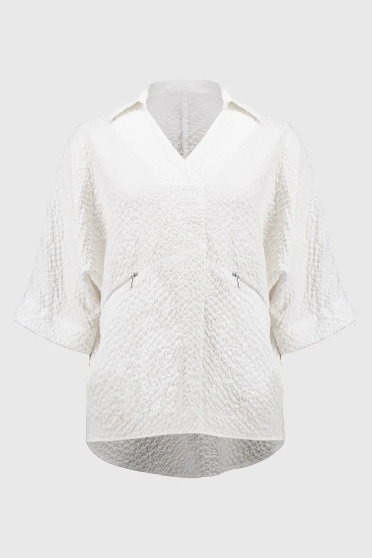 Joseph Ribkoff Seersucker Boxy High Low Top - White