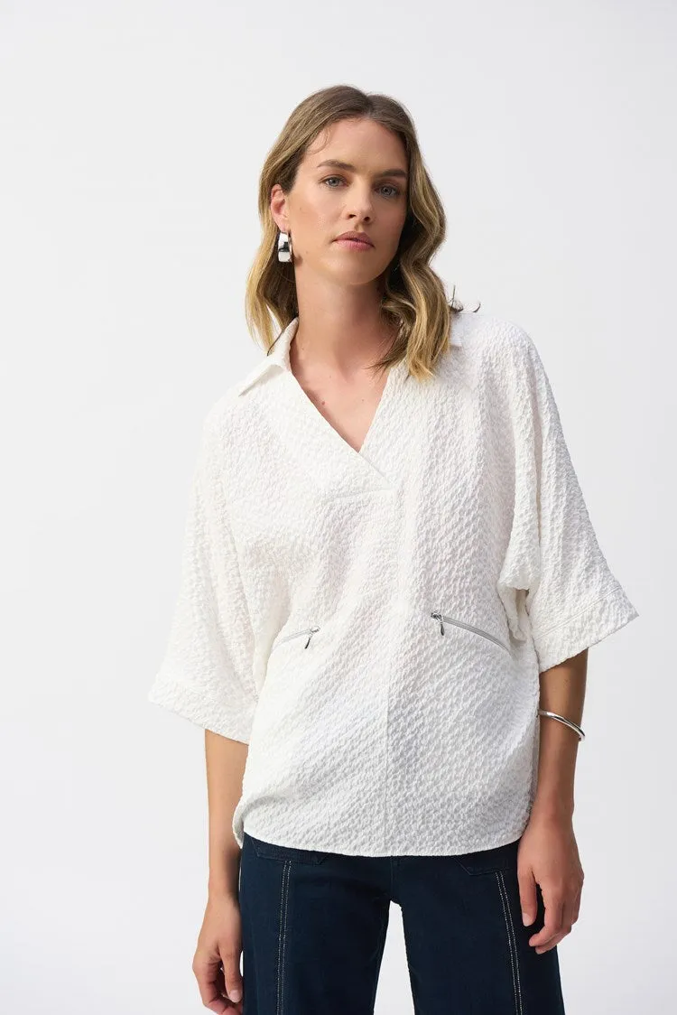 Joseph Ribkoff Seersucker Boxy High Low Top - White