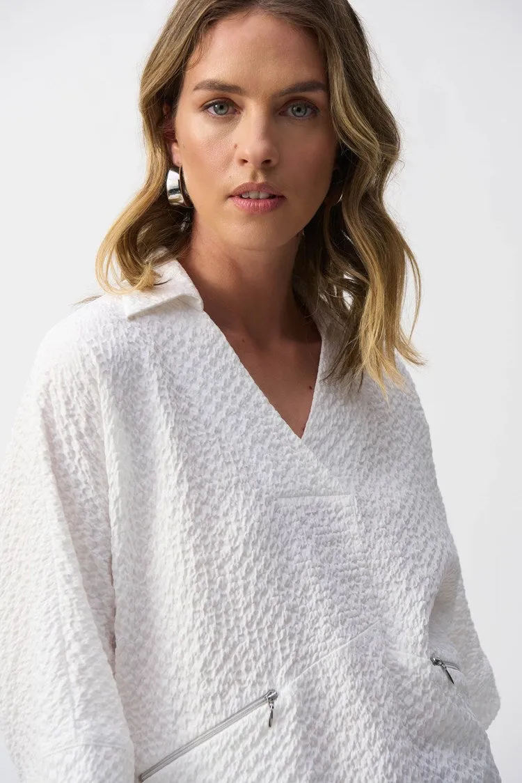 Joseph Ribkoff Seersucker Boxy High Low Top - White