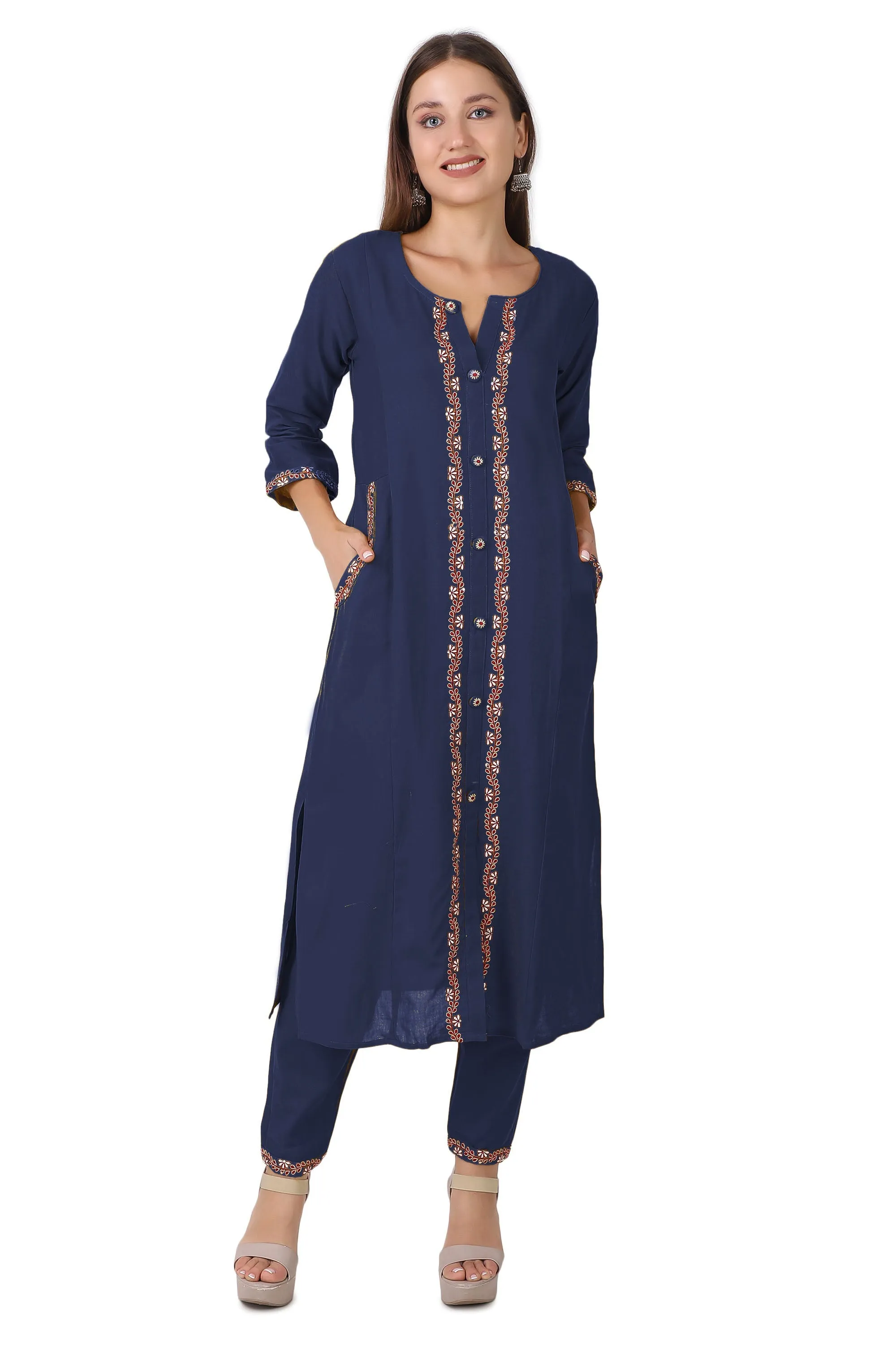 Ladyline Womens Handloom Cotton Kurti with Pants Set | Embroidered Kurta with Buttons Pocket