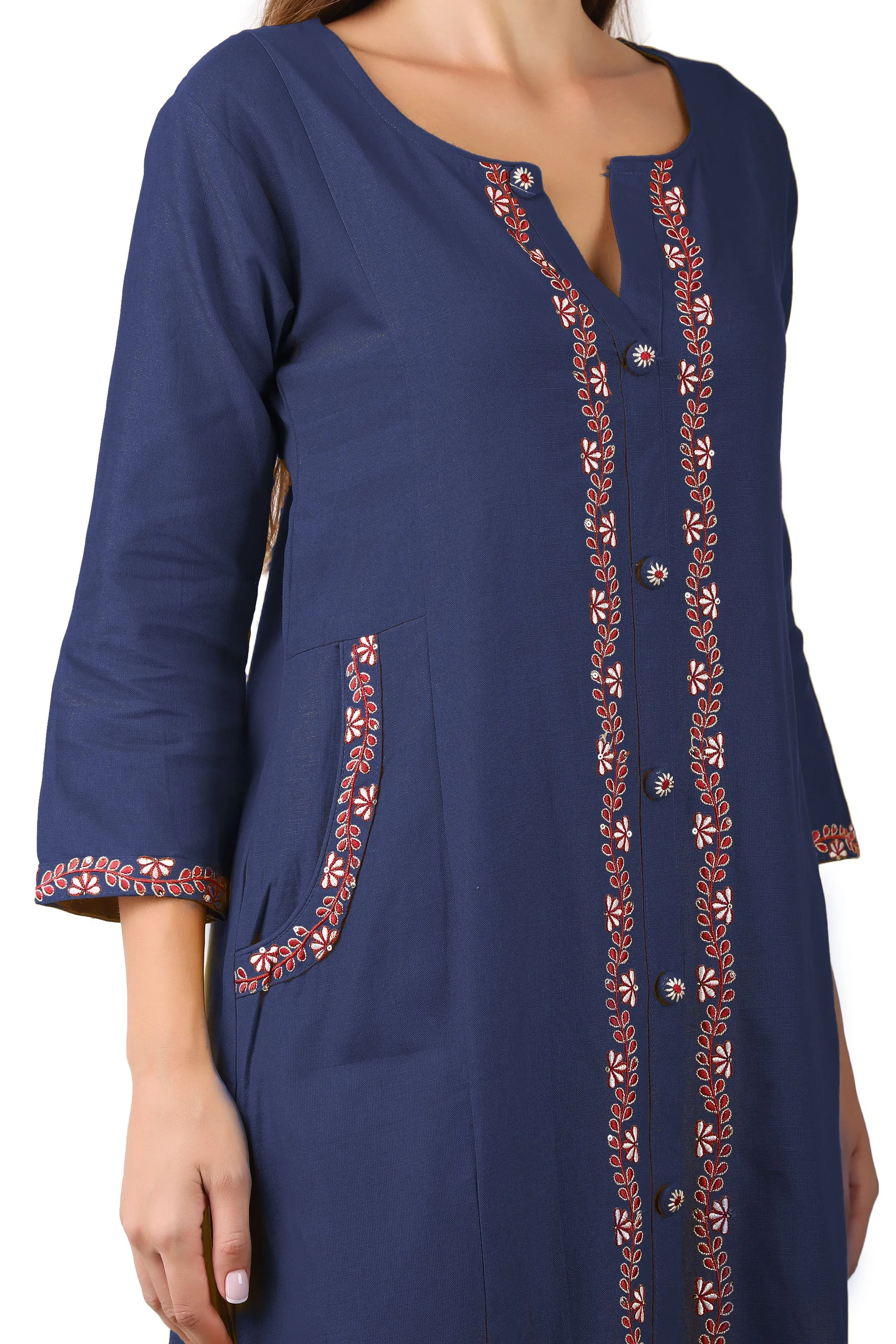 Ladyline Womens Handloom Cotton Kurti with Pants Set | Embroidered Kurta with Buttons Pocket