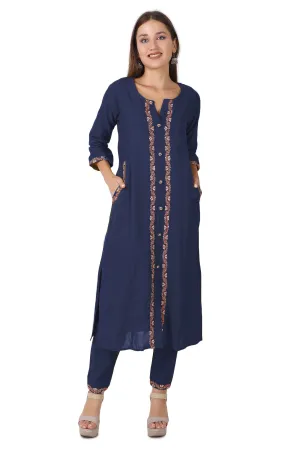 Ladyline Womens Handloom Cotton Kurti with Pants Set | Embroidered Kurta with Buttons Pocket