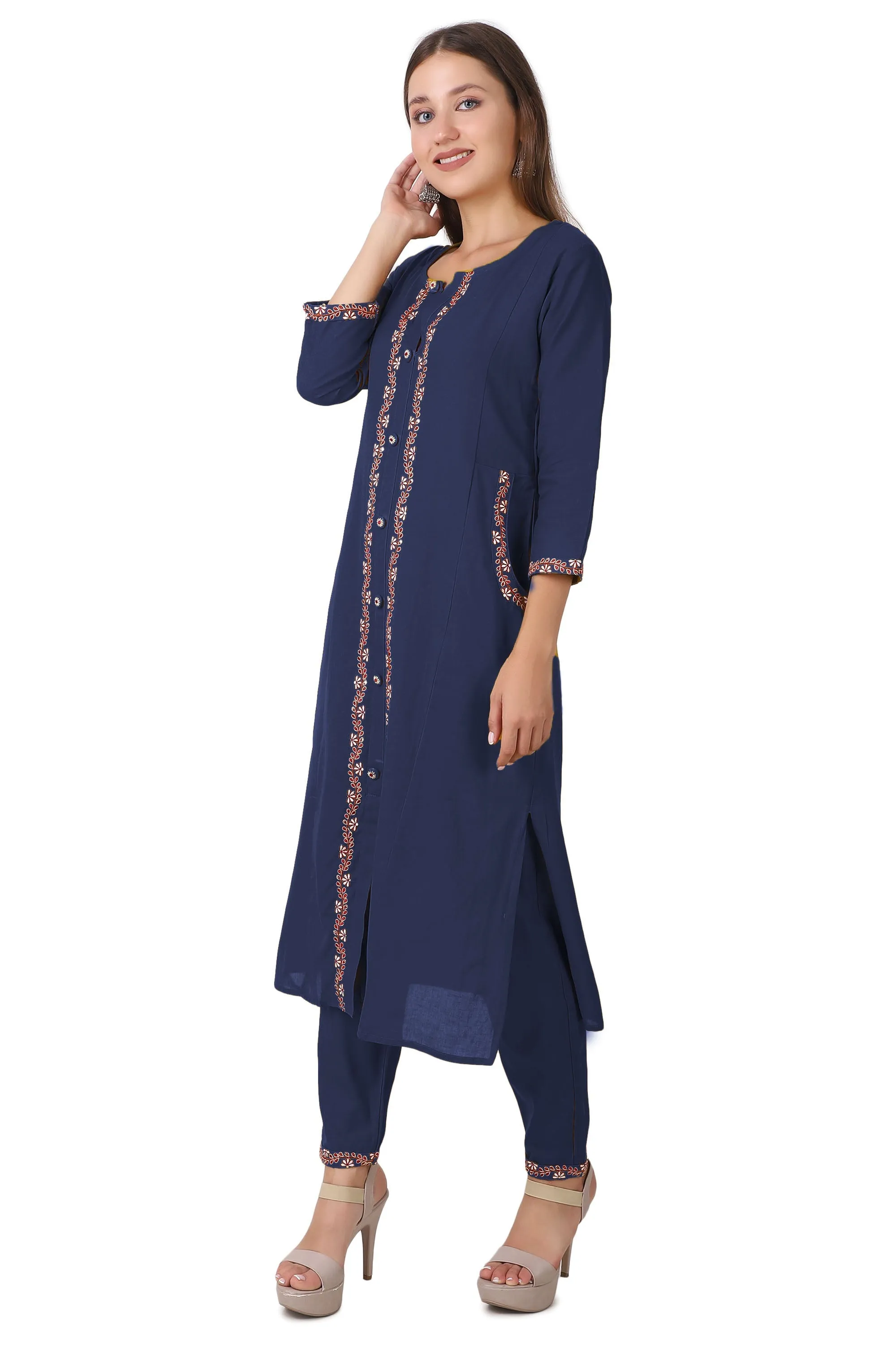 Ladyline Womens Handloom Cotton Kurti with Pants Set | Embroidered Kurta with Buttons Pocket