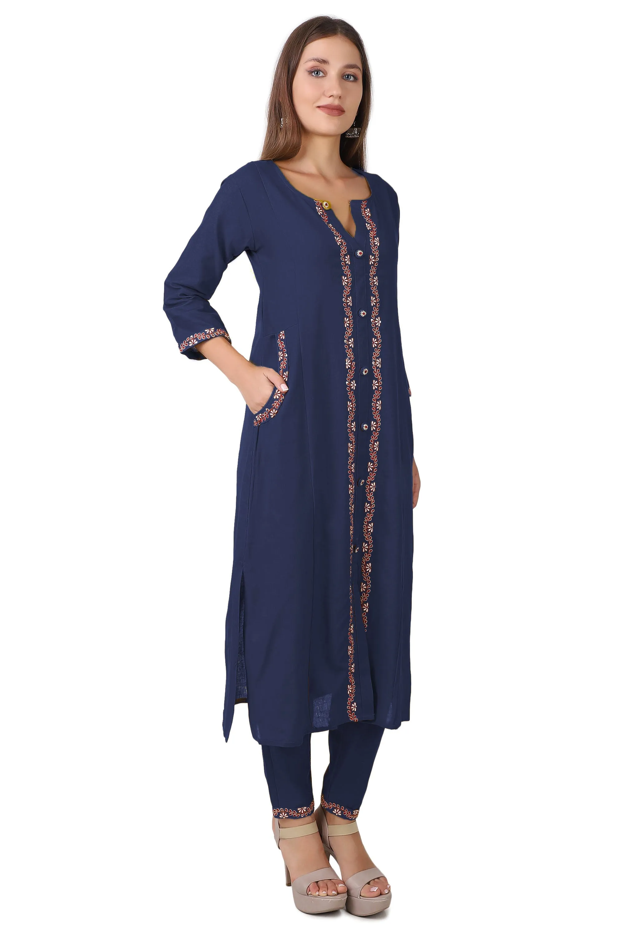 Ladyline Womens Handloom Cotton Kurti with Pants Set | Embroidered Kurta with Buttons Pocket