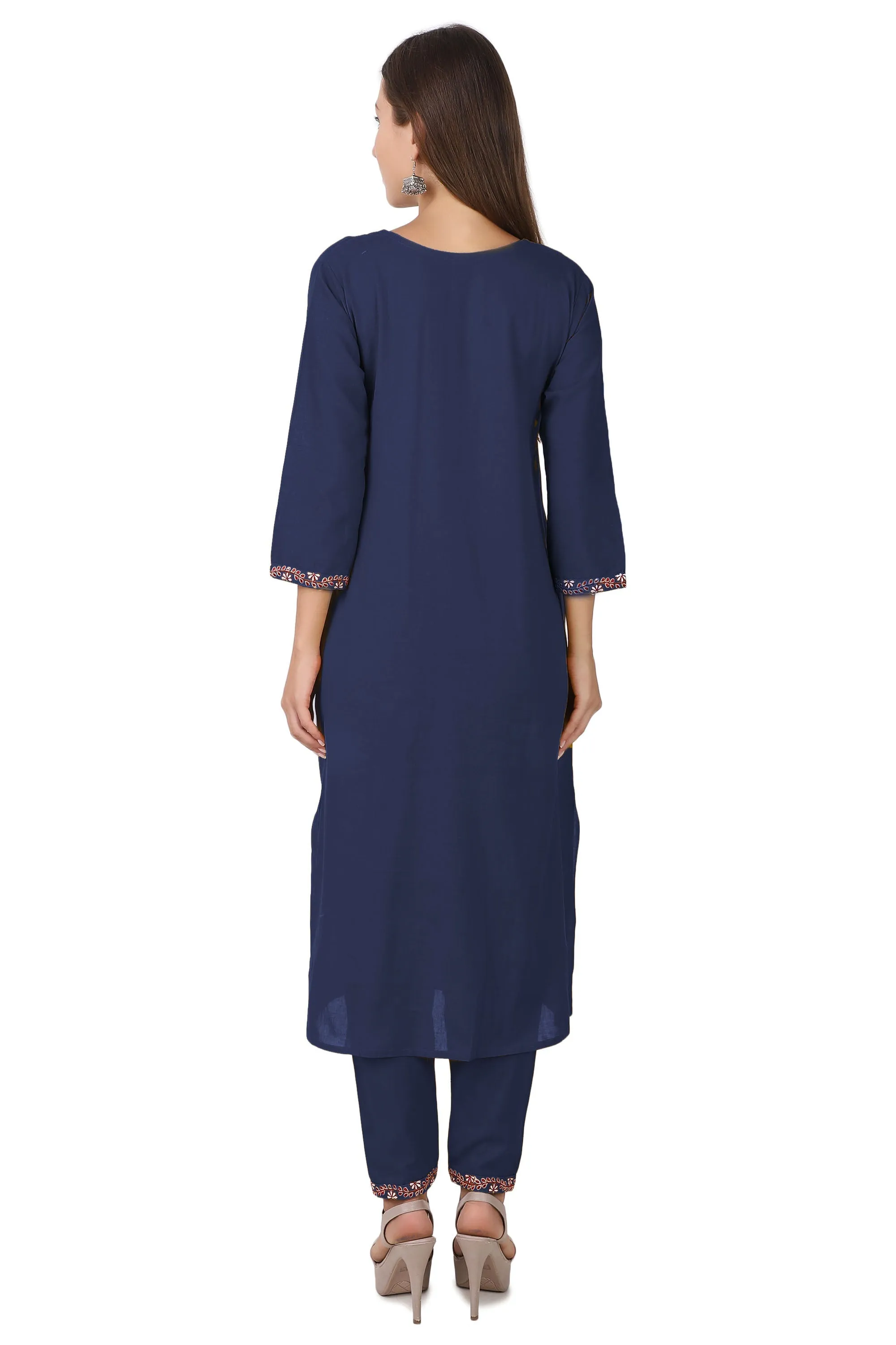 Ladyline Womens Handloom Cotton Kurti with Pants Set | Embroidered Kurta with Buttons Pocket