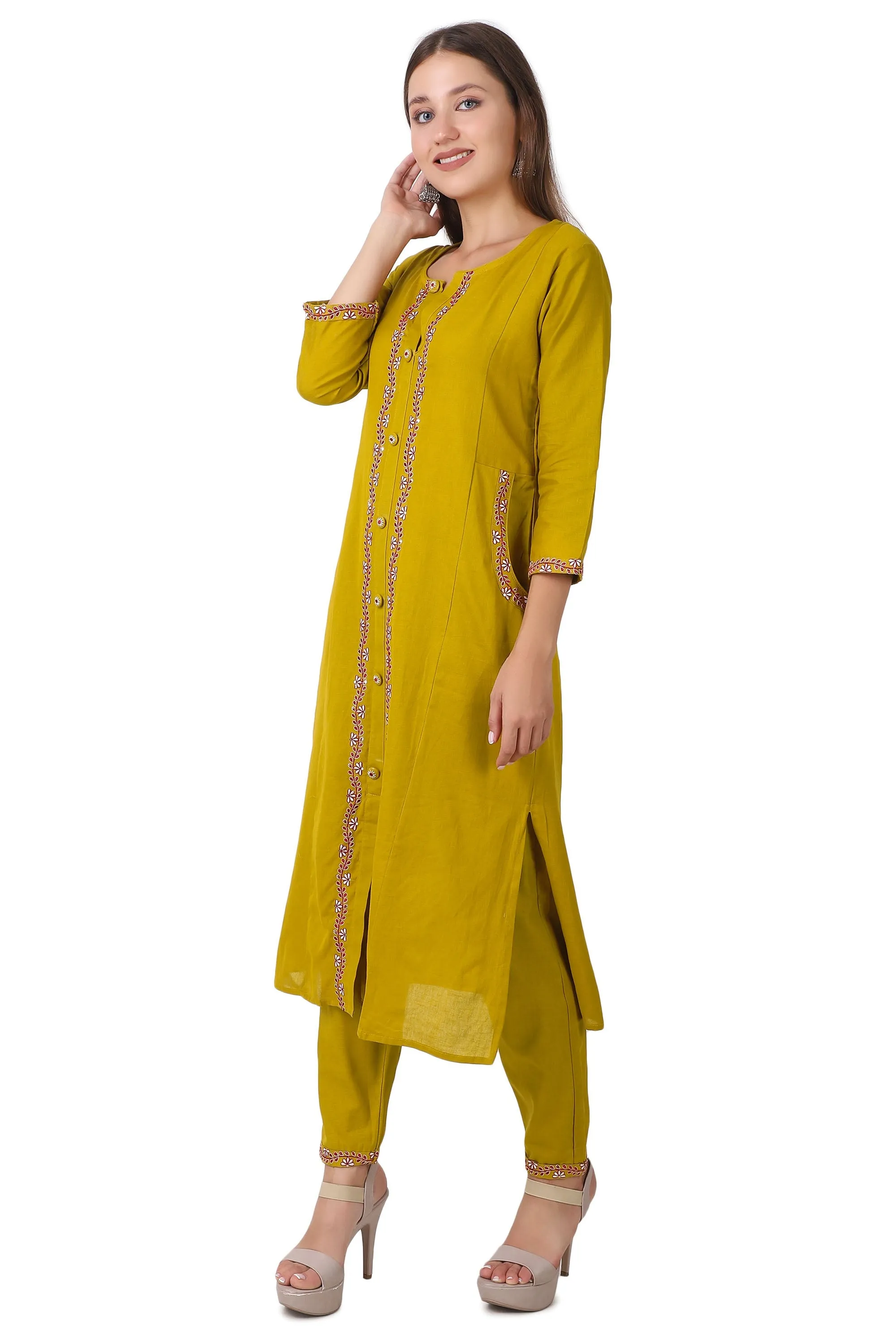 Ladyline Womens Handloom Cotton Kurti with Pants Set | Embroidered Kurta with Buttons Pocket