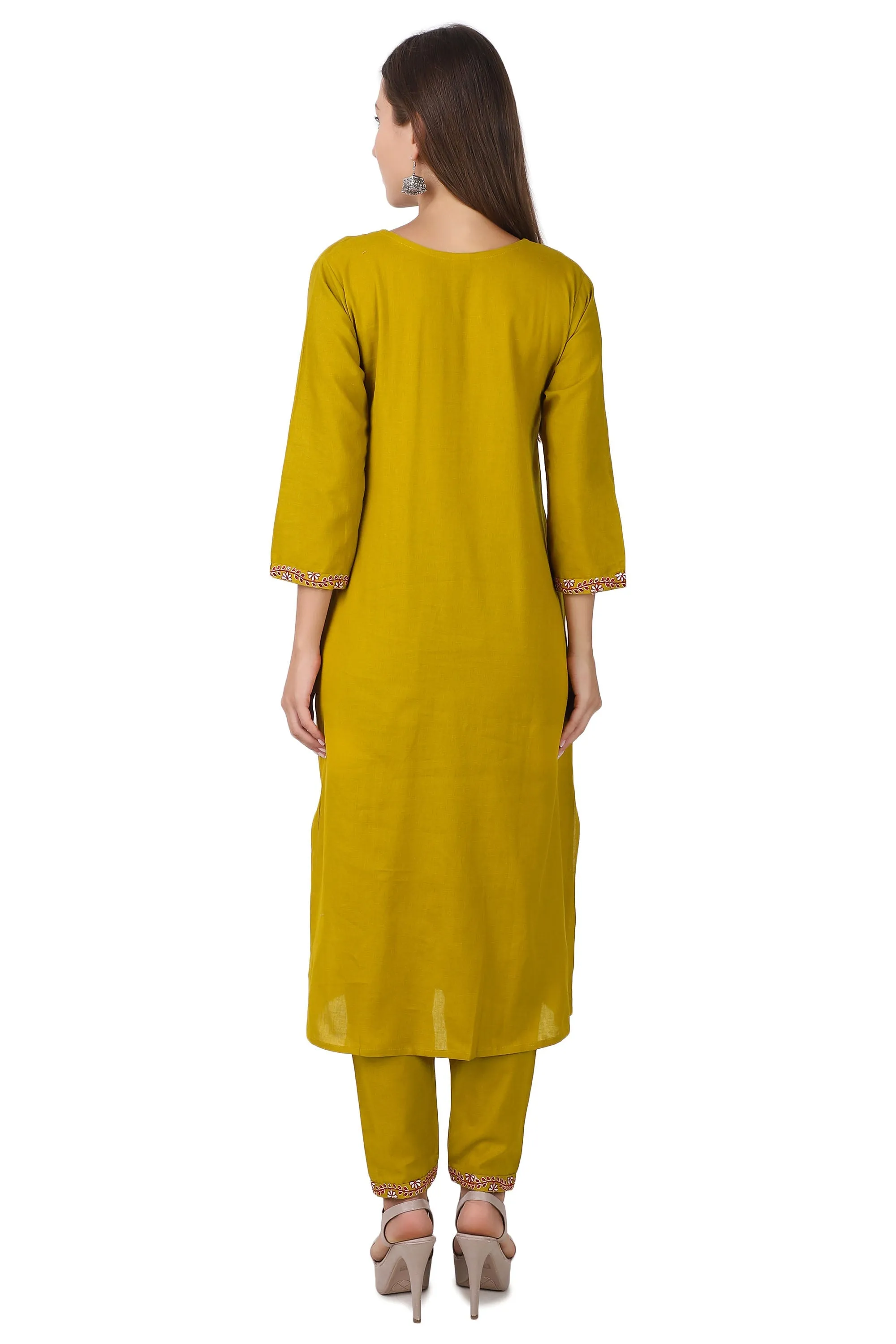 Ladyline Womens Handloom Cotton Kurti with Pants Set | Embroidered Kurta with Buttons Pocket