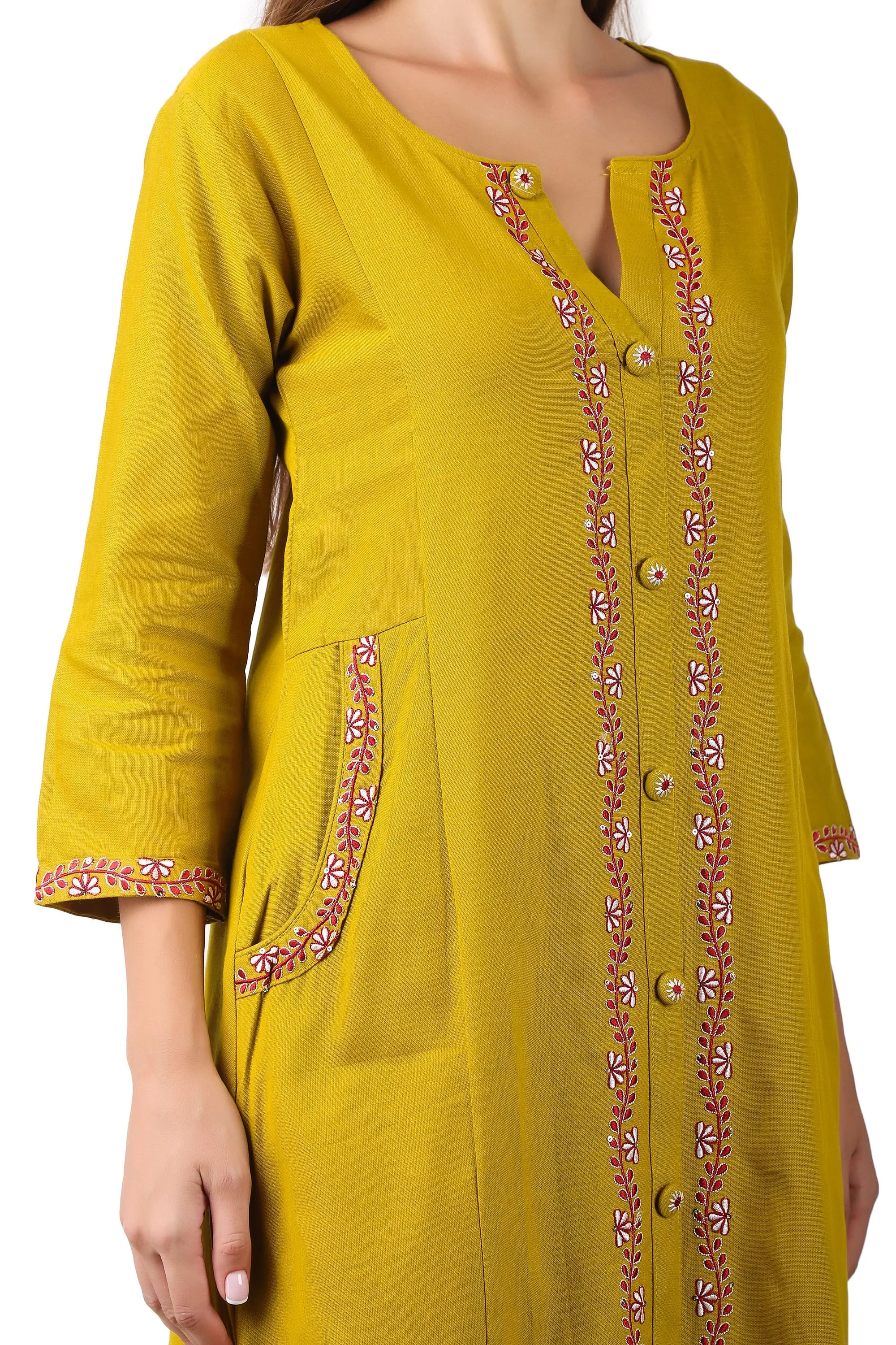 Ladyline Womens Handloom Cotton Kurti with Pants Set | Embroidered Kurta with Buttons Pocket
