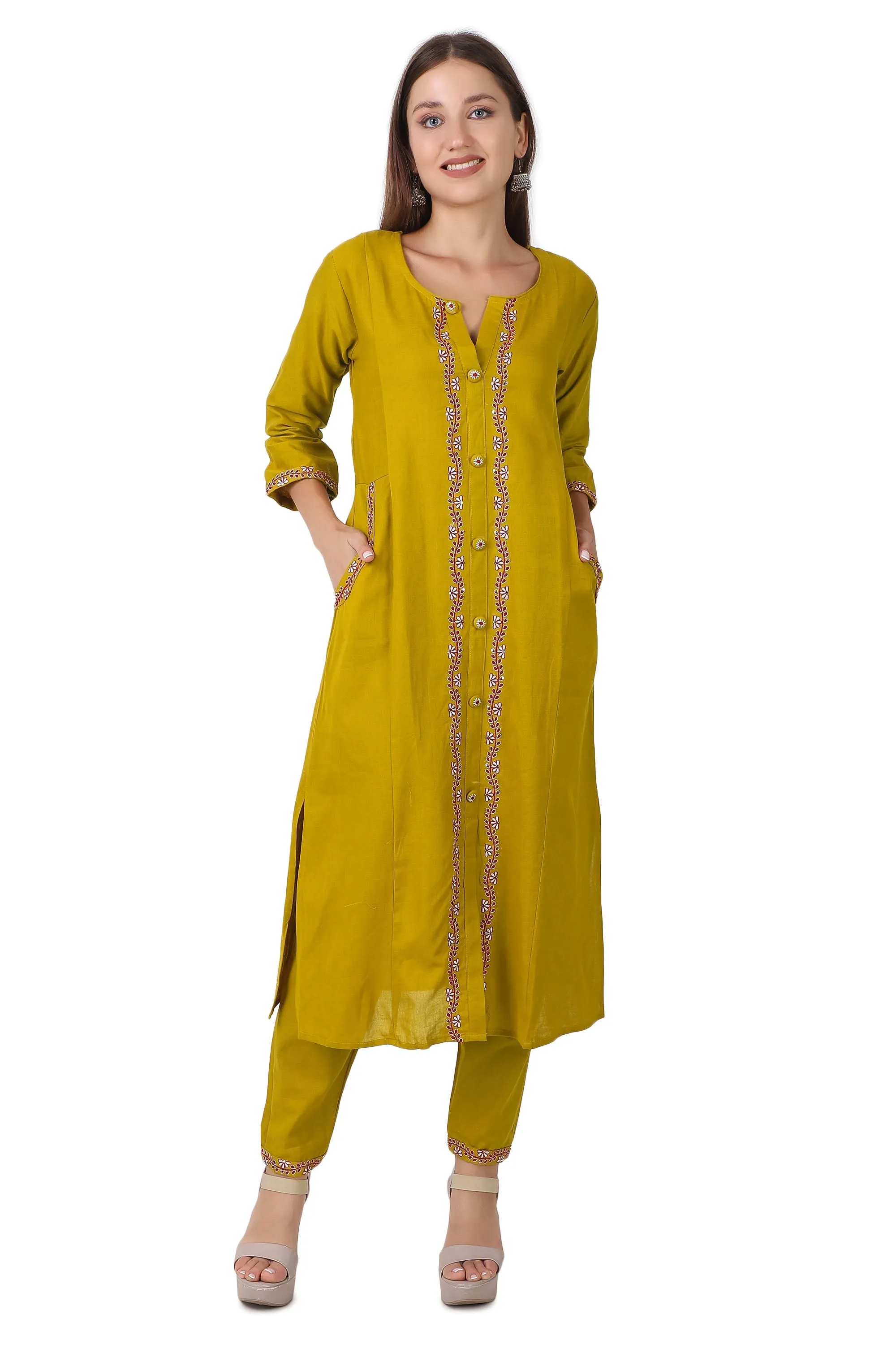 Ladyline Womens Handloom Cotton Kurti with Pants Set | Embroidered Kurta with Buttons Pocket
