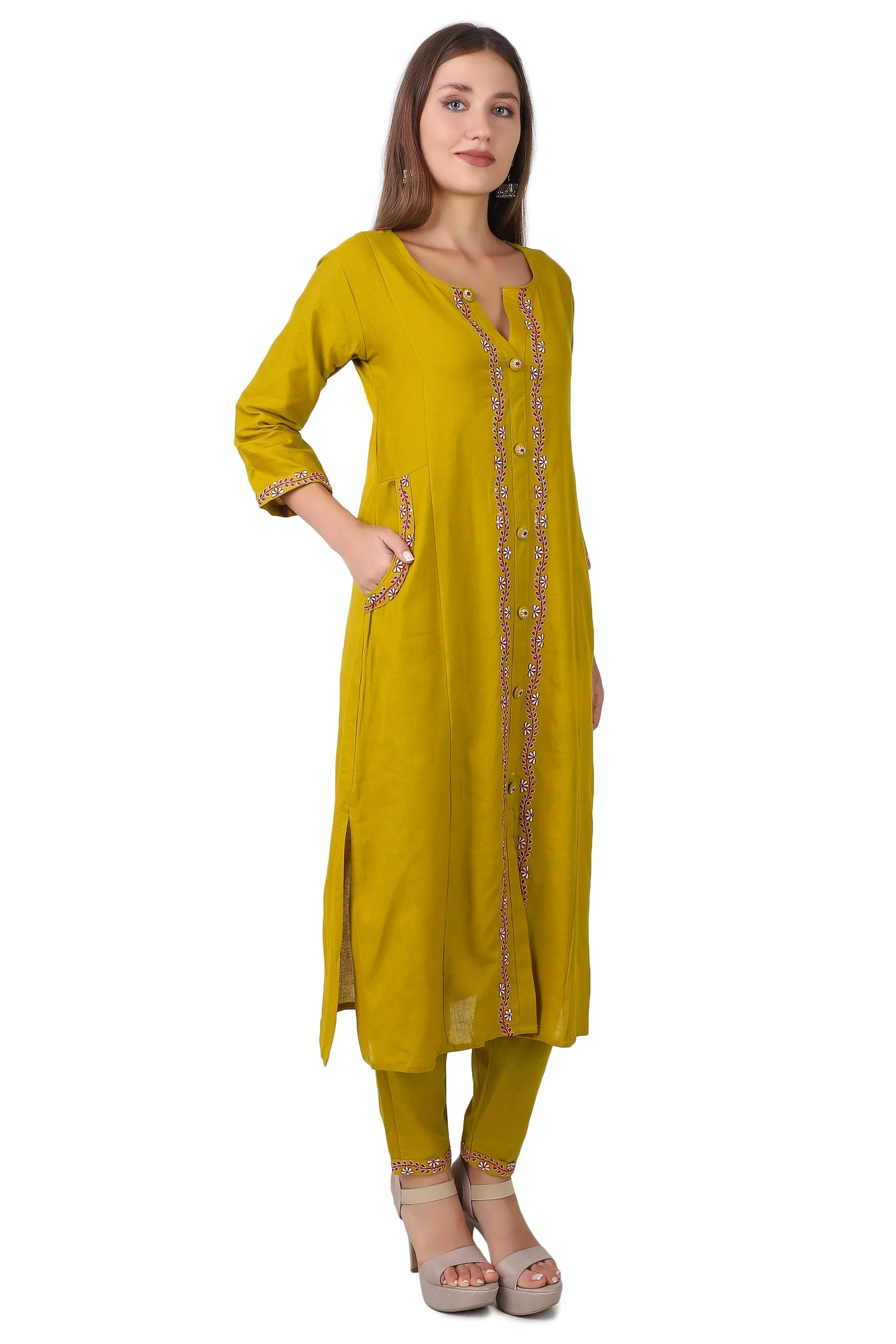 Ladyline Womens Handloom Cotton Kurti with Pants Set | Embroidered Kurta with Buttons Pocket
