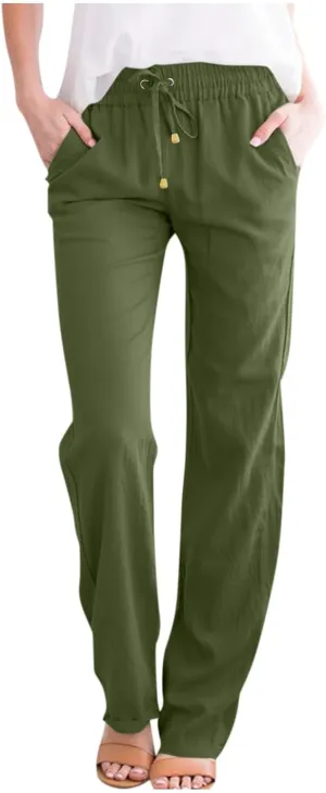 Linen Pants Women Lightweight Drawstring High Waisted Pull On Pants with Pockets Summer Boho Straight Leg Work Pants