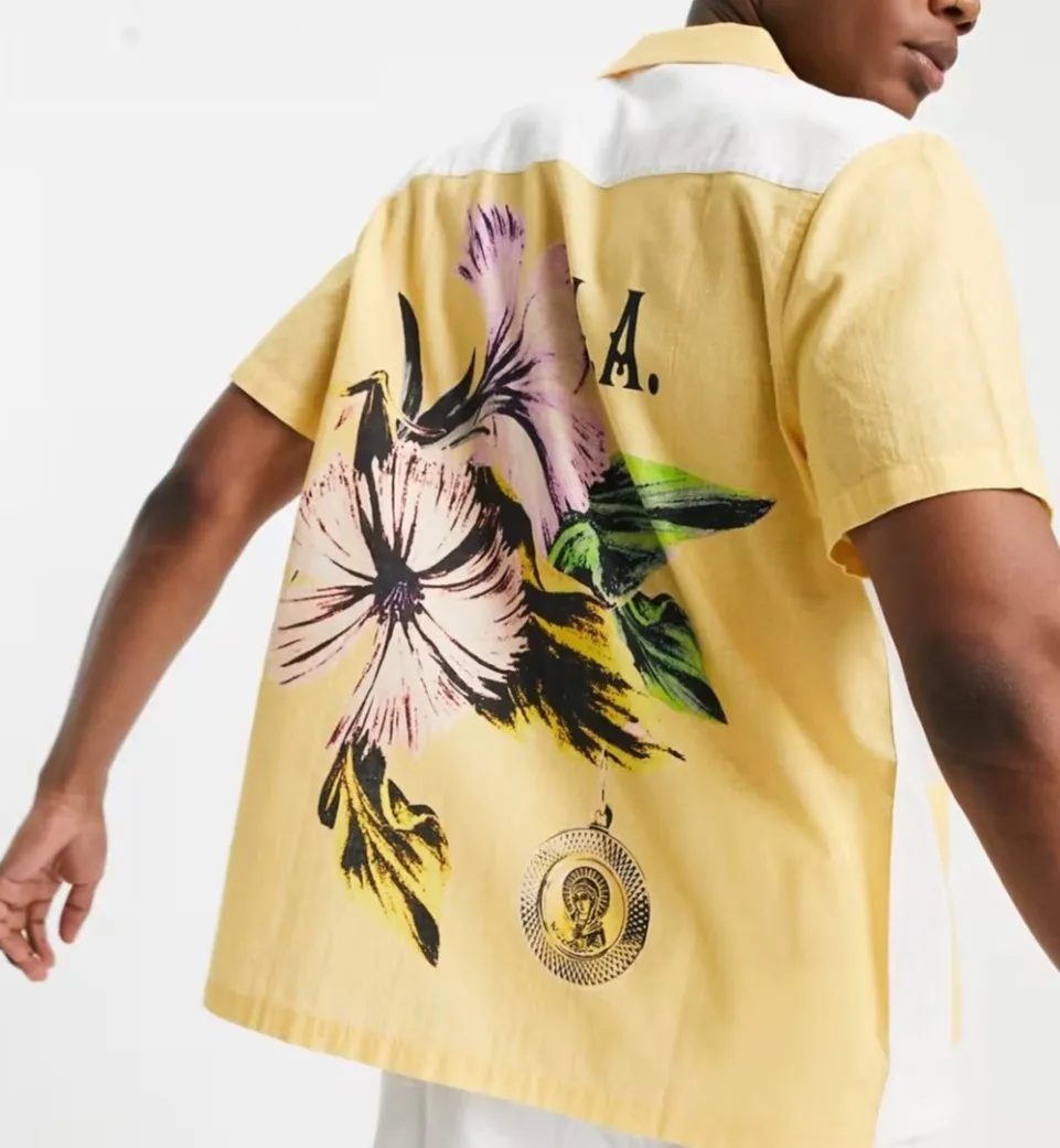 Linen Yellow & White LA Men's Bowling Shirt (Large)
