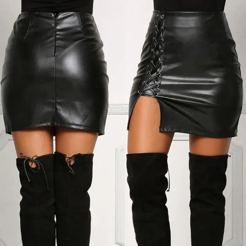 LVSANW Sexy Girls Above Knee Black PU Leather Mini Skirts Spring Women High Waist Bodycon Front Split Elegant Short Skirt