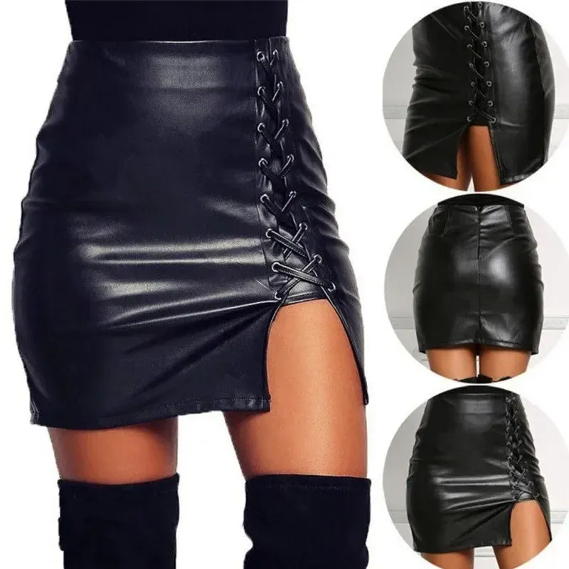 LVSANW Sexy Girls Above Knee Black PU Leather Mini Skirts Spring Women High Waist Bodycon Front Split Elegant Short Skirt