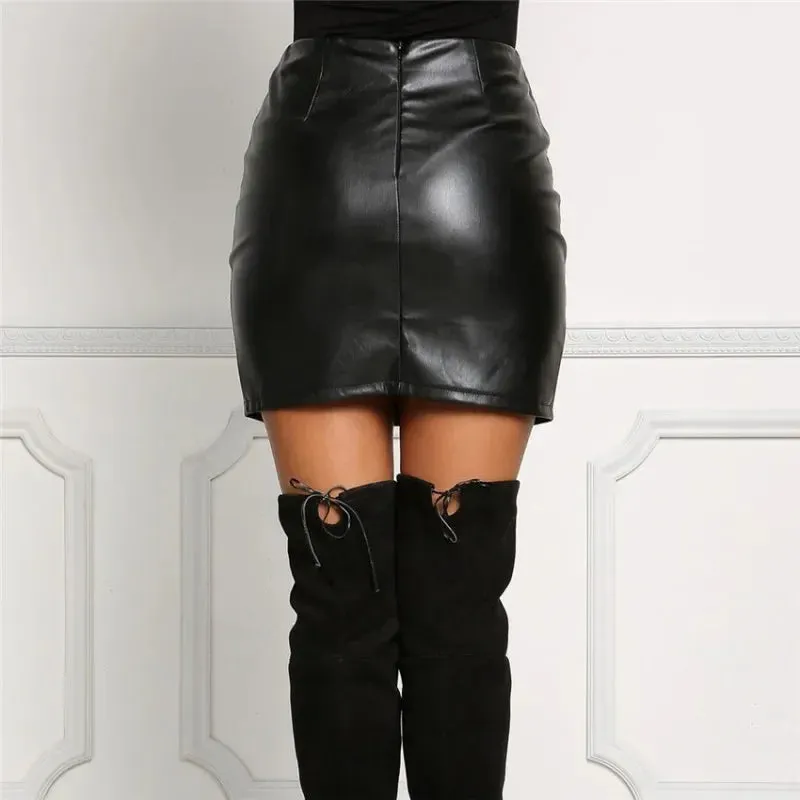LVSANW Sexy Girls Above Knee Black PU Leather Mini Skirts Spring Women High Waist Bodycon Front Split Elegant Short Skirt