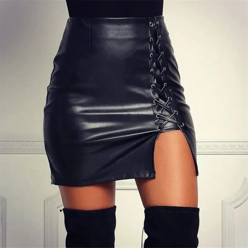 LVSANW Sexy Girls Above Knee Black PU Leather Mini Skirts Spring Women High Waist Bodycon Front Split Elegant Short Skirt