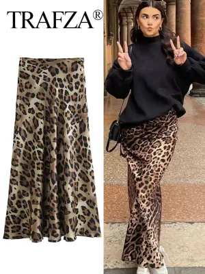 LVSANW TRAFZA 2024 Women Fashion Leopard Print Skirt Vintage High Waist Midi Skirts Elegant Women Summer Casual Streetwear Skirt
