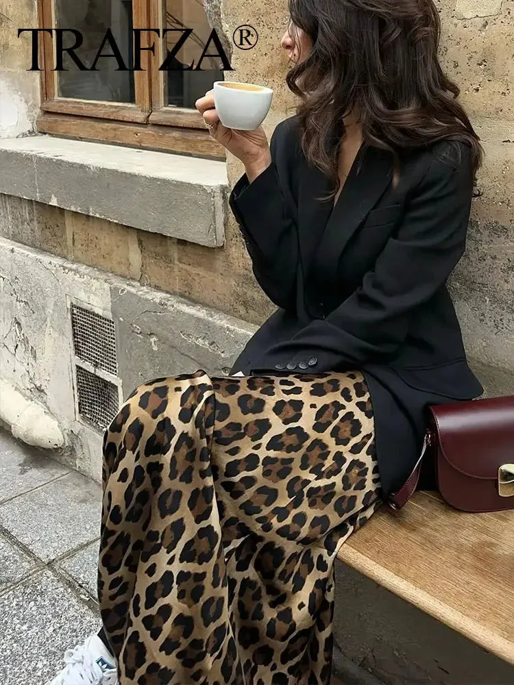 LVSANW TRAFZA 2024 Women Fashion Leopard Print Skirt Vintage High Waist Midi Skirts Elegant Women Summer Casual Streetwear Skirt