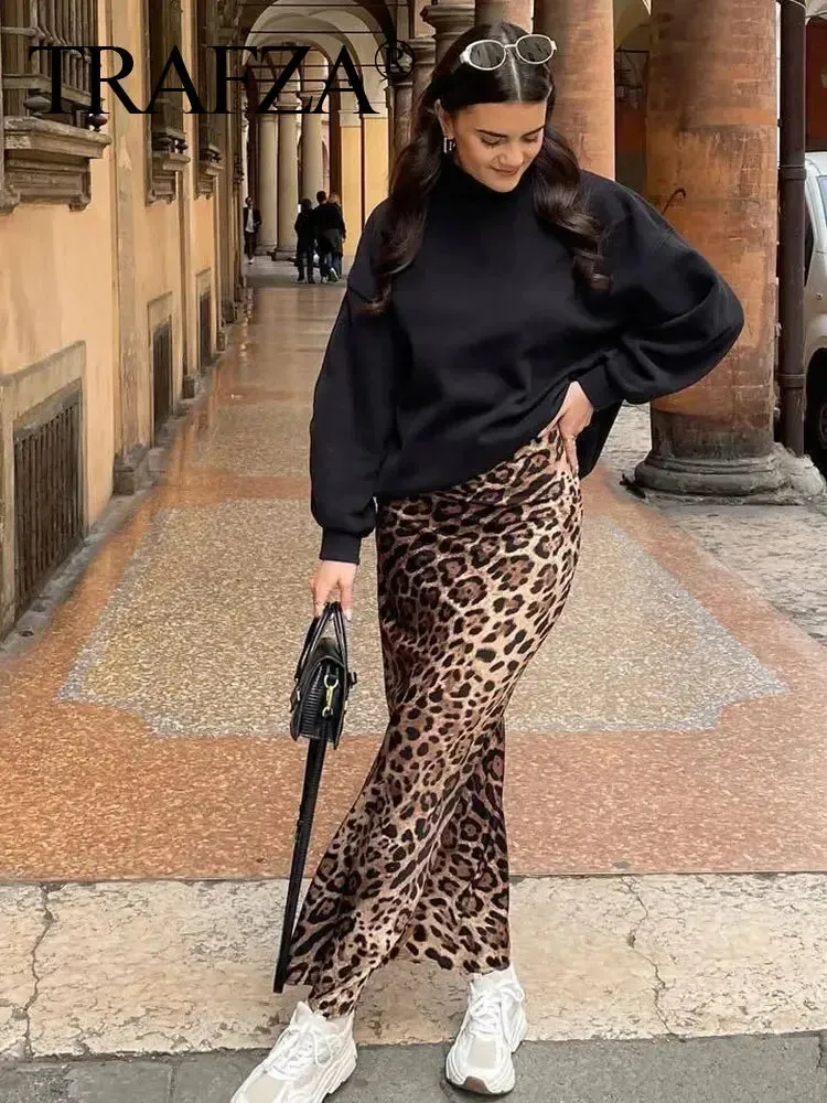 LVSANW TRAFZA 2024 Women Fashion Leopard Print Skirt Vintage High Waist Midi Skirts Elegant Women Summer Casual Streetwear Skirt