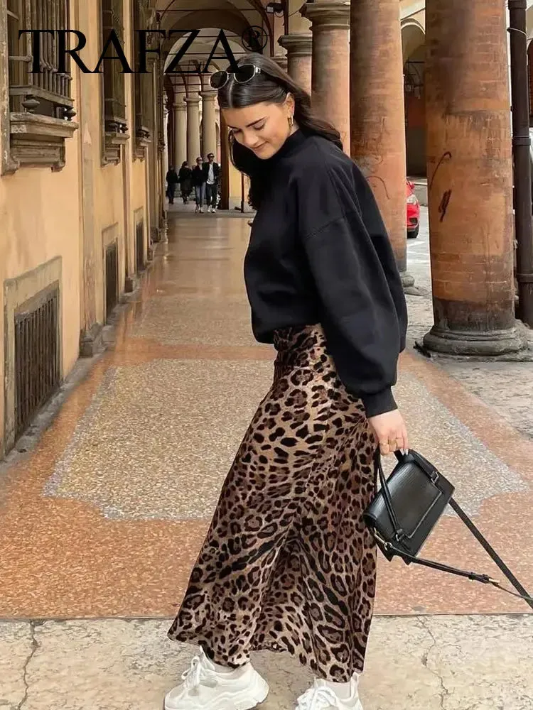 LVSANW TRAFZA 2024 Women Fashion Leopard Print Skirt Vintage High Waist Midi Skirts Elegant Women Summer Casual Streetwear Skirt
