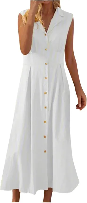 Maxi Dresses for Women 2025 Summer Elegant Linen Dress Sleeveless Button V Neck Collar Casual Beach Long Dresses