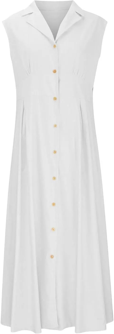 Maxi Dresses for Women 2025 Summer Elegant Linen Dress Sleeveless Button V Neck Collar Casual Beach Long Dresses
