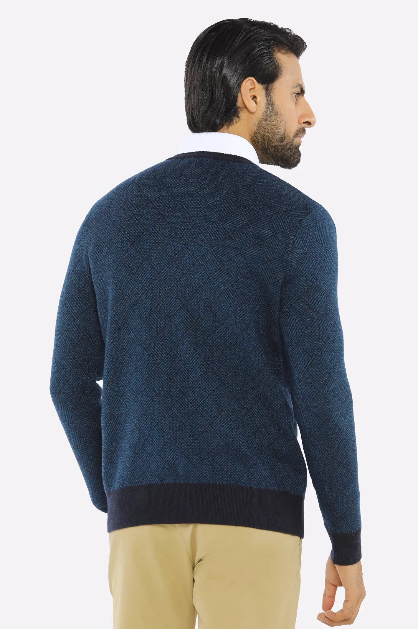 Men V-neck Navy Sleeves Sweater
