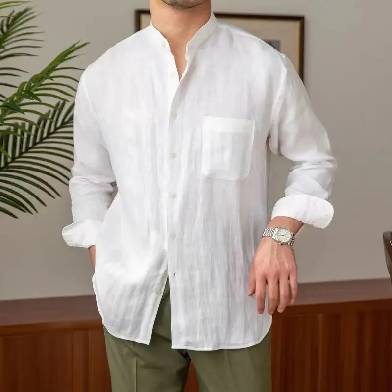 Mens Linen Shirt  Relaxed Fit  Mandarin Collar  Long Sleeve Button-Up Casual Wear