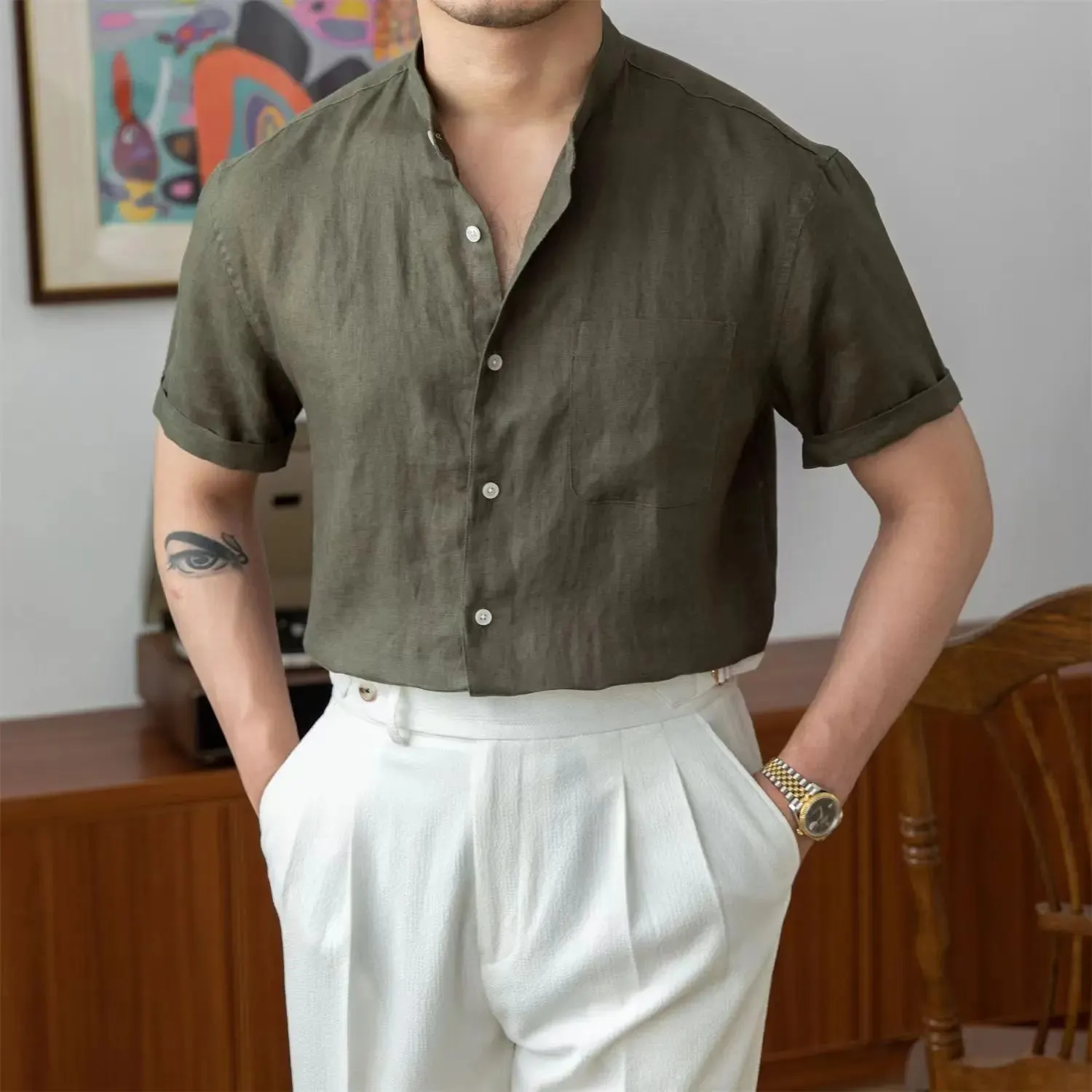 Mens Linen Shirt  Relaxed Fit  Mandarin Collar  Long Sleeve Button-Up Casual Wear