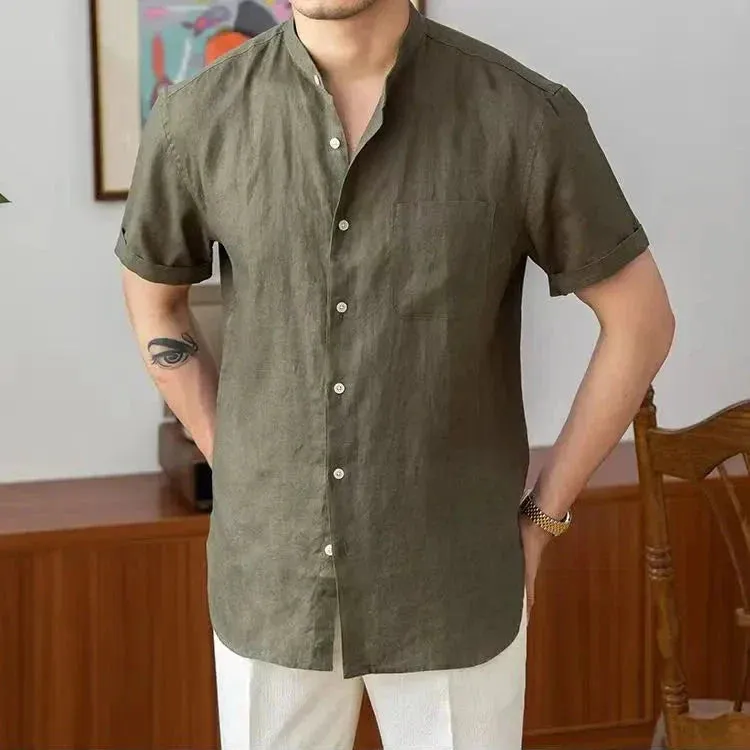 Mens Linen Shirt  Relaxed Fit  Mandarin Collar  Long Sleeve Button-Up Casual Wear