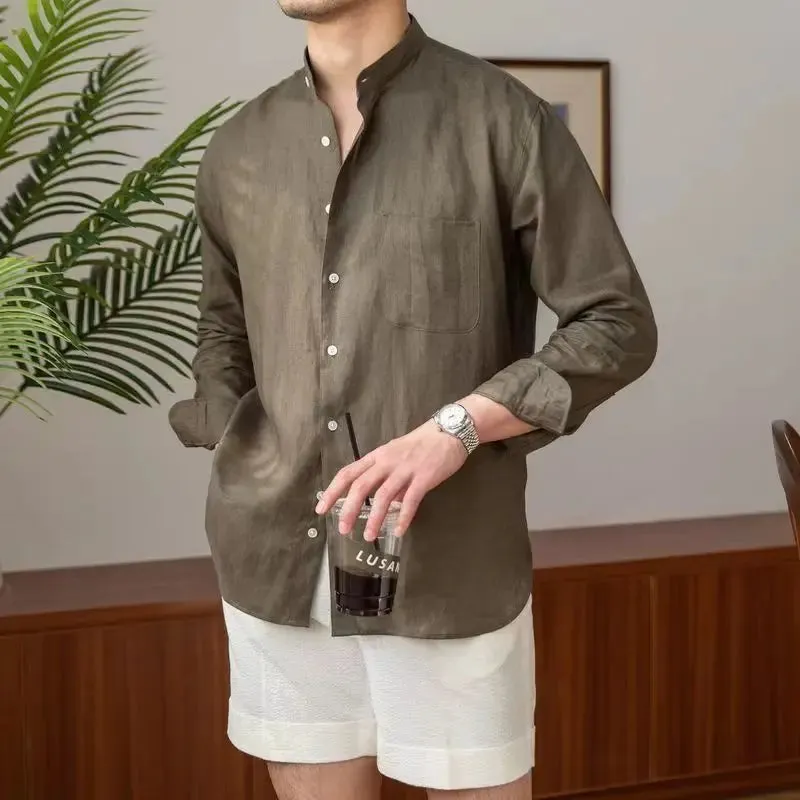 Mens Linen Shirt  Relaxed Fit  Mandarin Collar  Long Sleeve Button-Up Casual Wear
