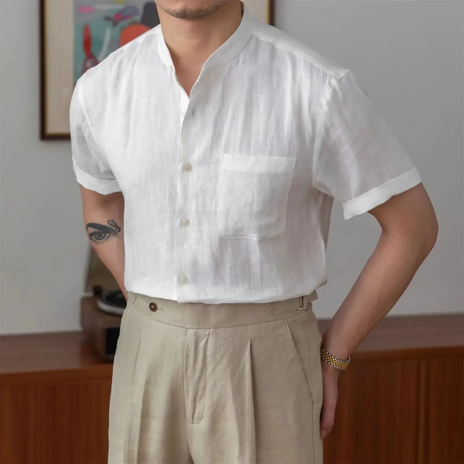 Mens Linen Shirt  Relaxed Fit  Mandarin Collar  Long Sleeve Button-Up Casual Wear