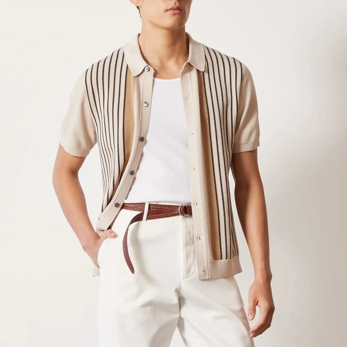 Mens Polo Shirt  Knitted Fabric  Relaxed Fit  Vertical Stripe  Short Sleeve Casual