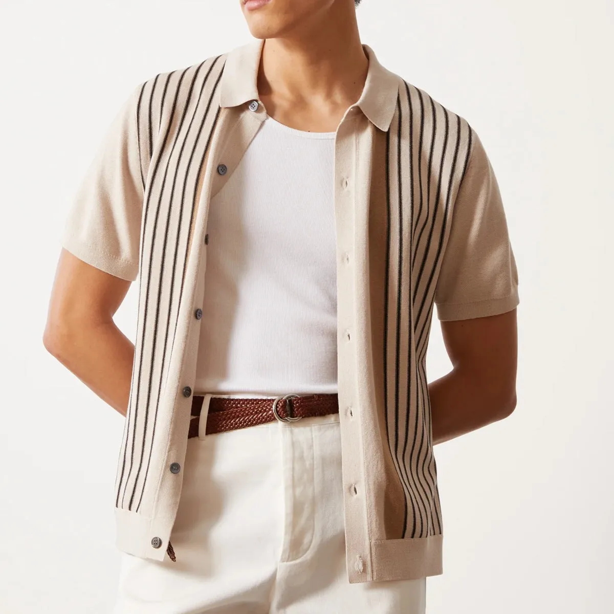 Mens Polo Shirt  Knitted Fabric  Relaxed Fit  Vertical Stripe  Short Sleeve Casual