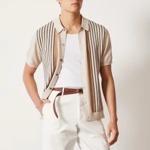 Mens Polo Shirt  Knitted Fabric  Relaxed Fit  Vertical Stripe  Short Sleeve Casual